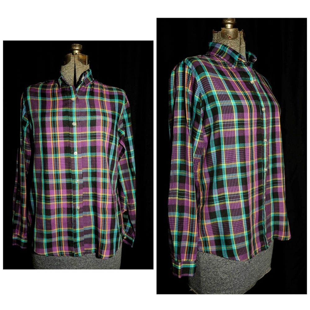 VTG 70's Lady Donlin Plaid Cotton Blouse Shirt SM